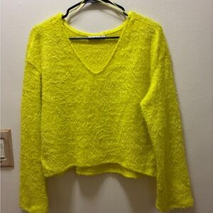 SO Bright Yellow Fuzzy V-Neck Sweater